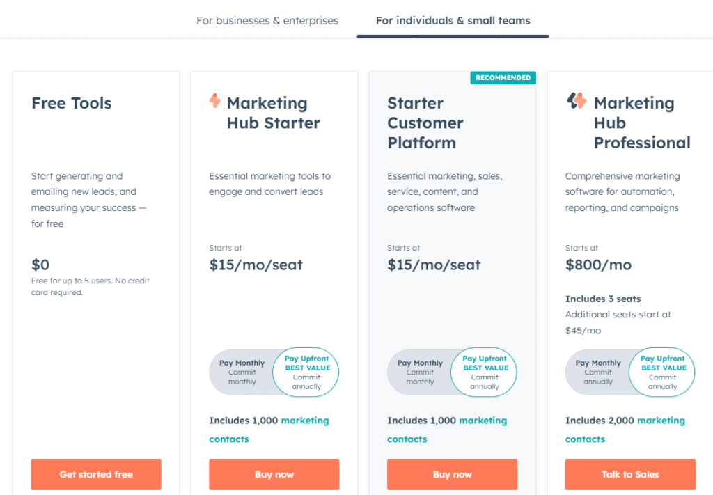 Hubspot-marketing-pricing-plans