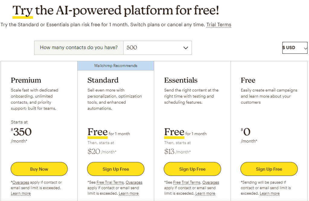 Mailchimp Pricing Plans