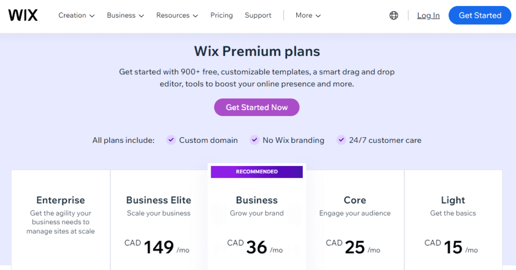 Wix pricing plans CA Currency