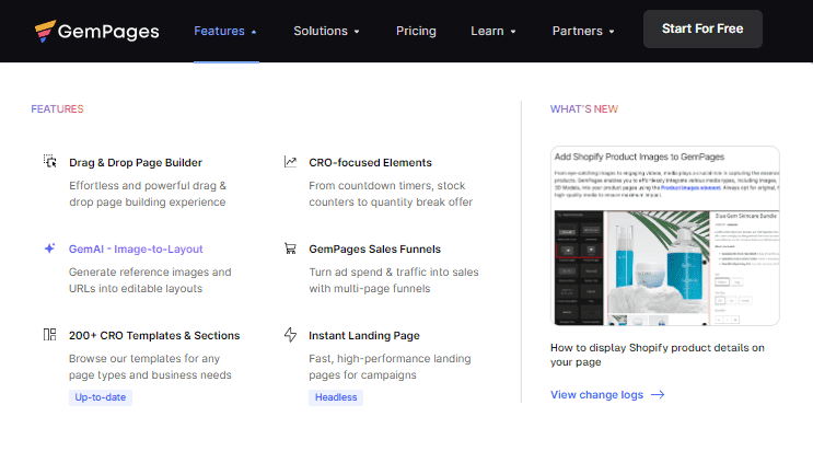 GemPages Features Overview including Drag & Drop Builder, CRO Elements, and GemAI Image-to-Layout