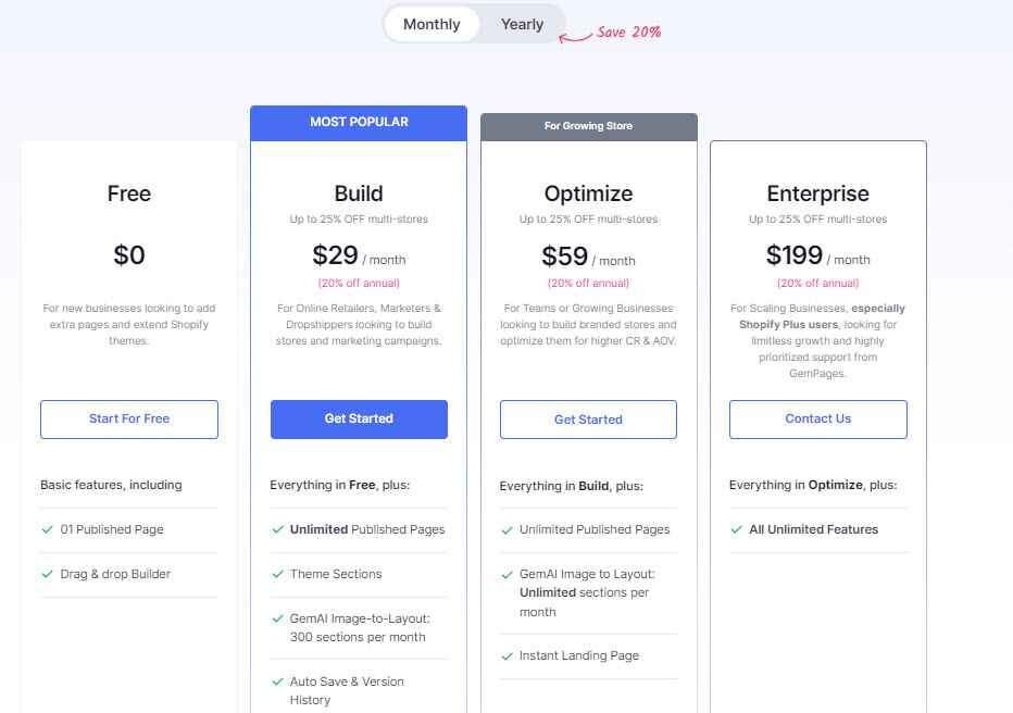 GemPages Pricing Plans: Free, Build, Optimize, Enterprise with monthly  costs