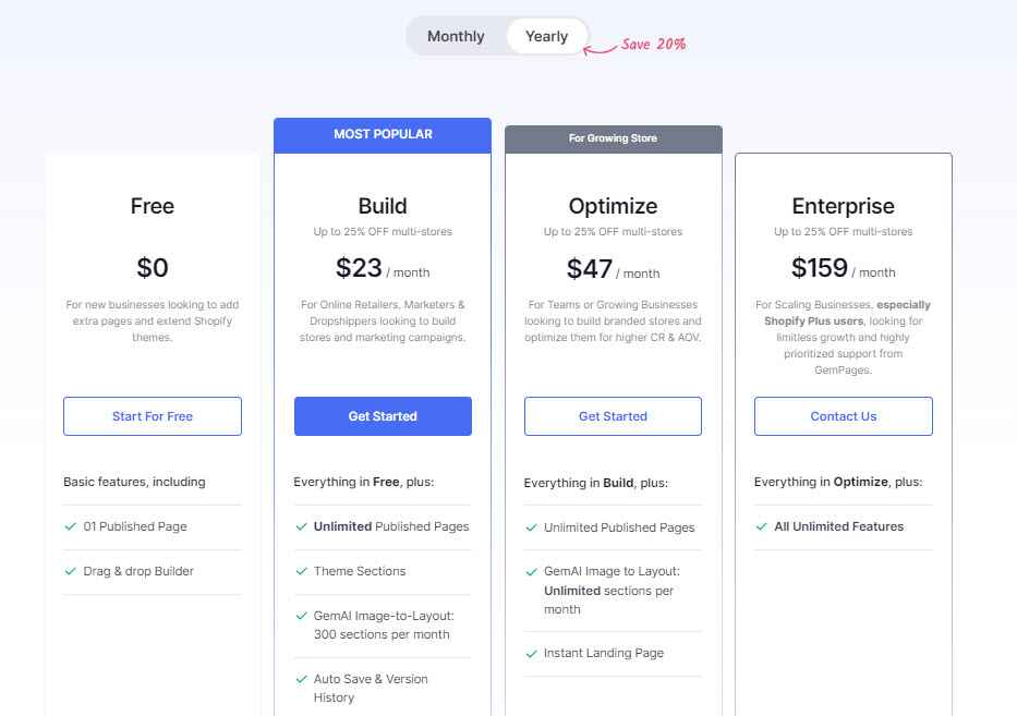 GemPages Pricing Plans: Free, Build, Optimize, Enterprise with yearly  costs